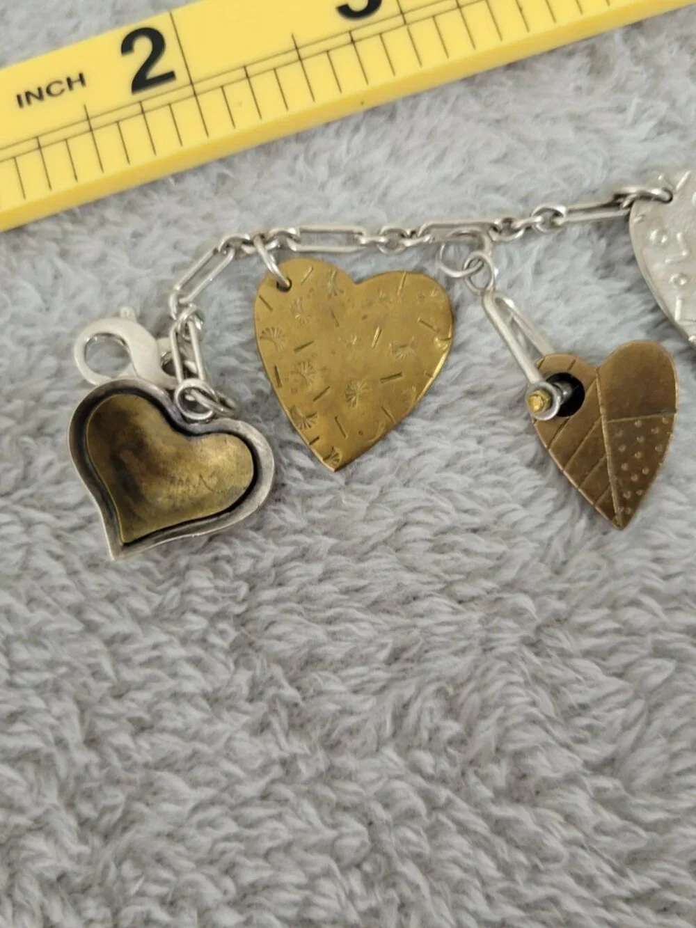 Artisan Mixed Metal Heart Charm Bracelet Sterling Silver Brass Multi-Charm B13E